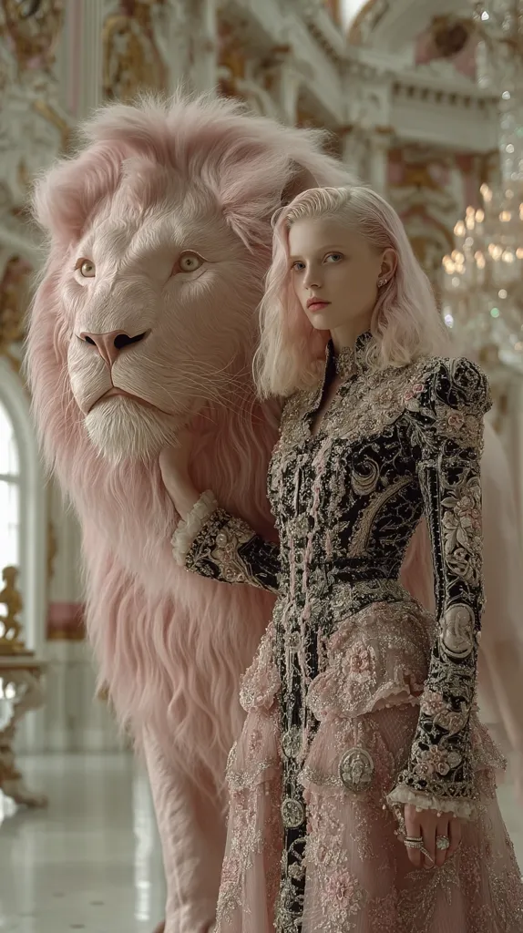 A young woman with platinum blonde hair, wearing an intricately embroidered, tiered gown in shades of pink and black, stands beside a large, pale pink lion.  The setting appears to be a grand, opulent palace. The scene is dreamlike and surreal, with the woman's elegant attire contrasting with the unusual color of the lion.  The image evokes a sense of fantasy and fairytale romance.