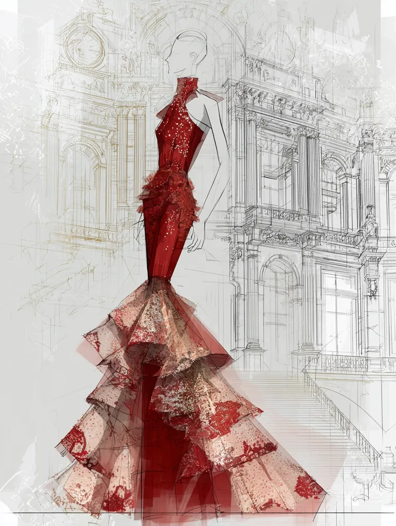 A fashion illustration showcases a stunning red gown with layered ruffles, detailed with gold accents. The dress's design is intricate, suggesting luxurious fabrics. The background features a sketched architectural backdrop, possibly a grand building or palace, providing a dramatic contrast to the vibrant garment. The overall style is elegant and sophisticated.