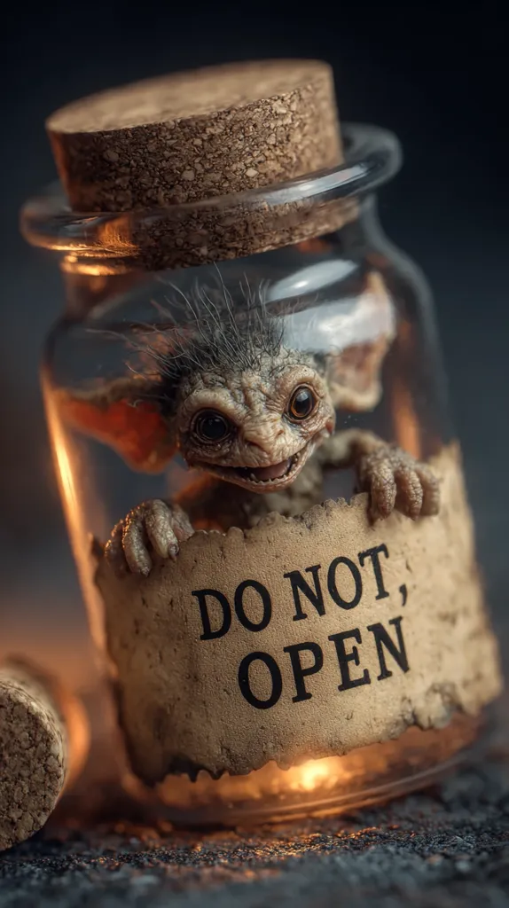 A small, furry creature with large eyes and ears is trapped inside a glass jar with a cork stopper.  A label around the jar warns "DO NOT OPEN". The jar glows faintly from within, creating a mystical and slightly ominous atmosphere. The creature appears curious, yet its confinement evokes a sense of unease. The image is sharply focused, emphasizing the detail of both the creature and the jar.