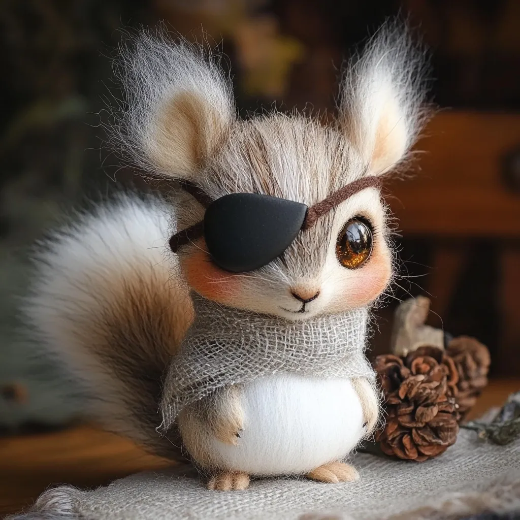 An adorable handcrafted squirrel figurine, meticulously detailed with needle felting.  Its fluffy tail and large, expressive eyes are captivating.  A charming grey scarf and a black eye patch add a touch of whimsy and character to this endearing creature.  It sits on a rustic background, near pinecones, enhancing its rustic charm.