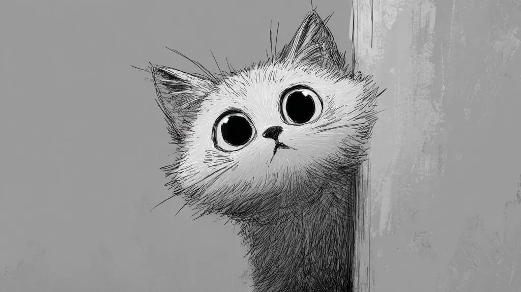 A grayscale illustration depicts a fluffy kitten peeking from behind a textured wall.  Its large, expressive eyes and curious expression are accentuated by the sketchy style.  The kitten's fur is rendered with fine lines, creating a sense of softness and depth. The background is a muted gray, providing a stark contrast to the kitten's delicate features.