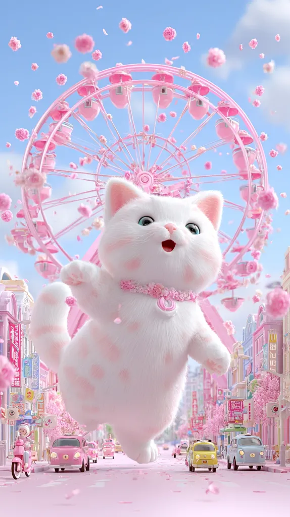 A large, fluffy white cat with pink spots adorns a pink necklace, standing in a whimsical pink city.  A pink Ferris wheel is in the background, with pink cherry blossoms falling from the sky.  Miniature cars and a scooter drive along a pink street below the giant cat. The overall scene is extremely cute and pastel-toned.