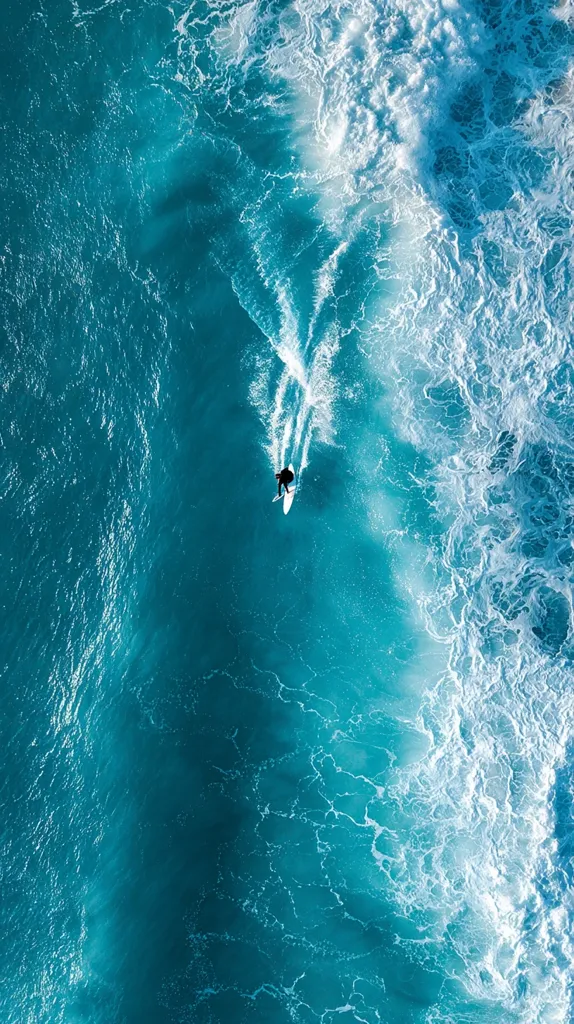 An aerial view captures a surfer gliding down a vibrant turquoise wave.  The surfer, a small figure in black, is positioned centrally against the deep blue water.  White water froths along the wave's edge, creating a striking contrast against the ocean's rich color.  The image conveys a sense of freedom and the beauty of ocean surfing.