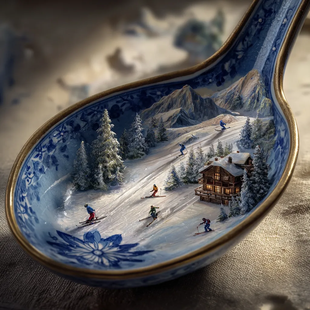 A miniature snowy ski resort scene is nestled inside a porcelain spoon.  Tiny skiers glide down slopes towards a charming chalet, set against a backdrop of snow-covered mountains and evergreen trees. The intricate detail of the spoon's blue and white floral pattern contrasts with the realistic depiction of the winter wonderland within. The image creates a whimsical juxtaposition of scale and setting.