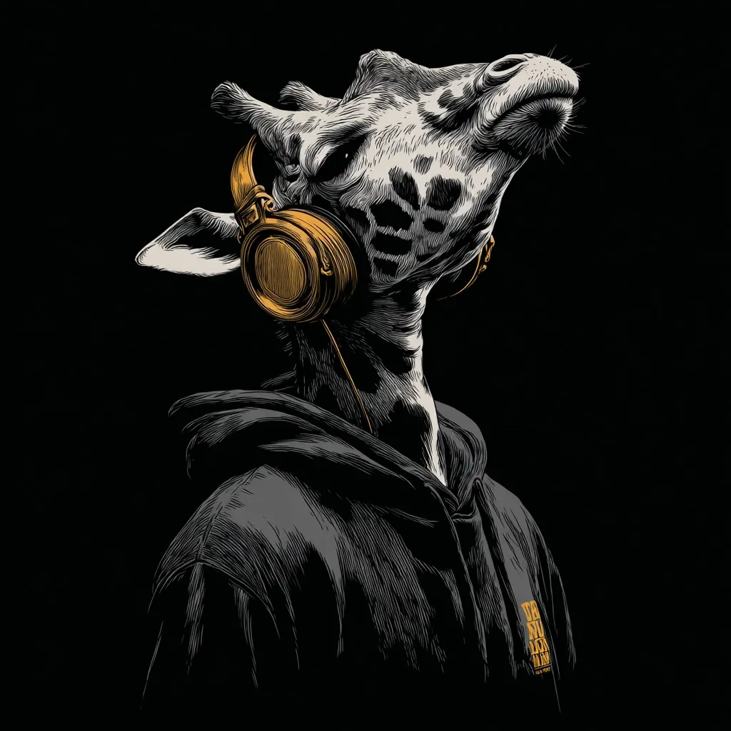A detailed, stylized illustration showcases a giraffe's head and neck, adorned with large gold headphones and a dark gray hoodie.  The giraffe's expression is serene, its gaze directed upward. The artwork employs a black and white palette with gold accents, creating a striking contrast against the black background. The style suggests a blend of realism and graphic design.  A small logo is visible on the hoodie.