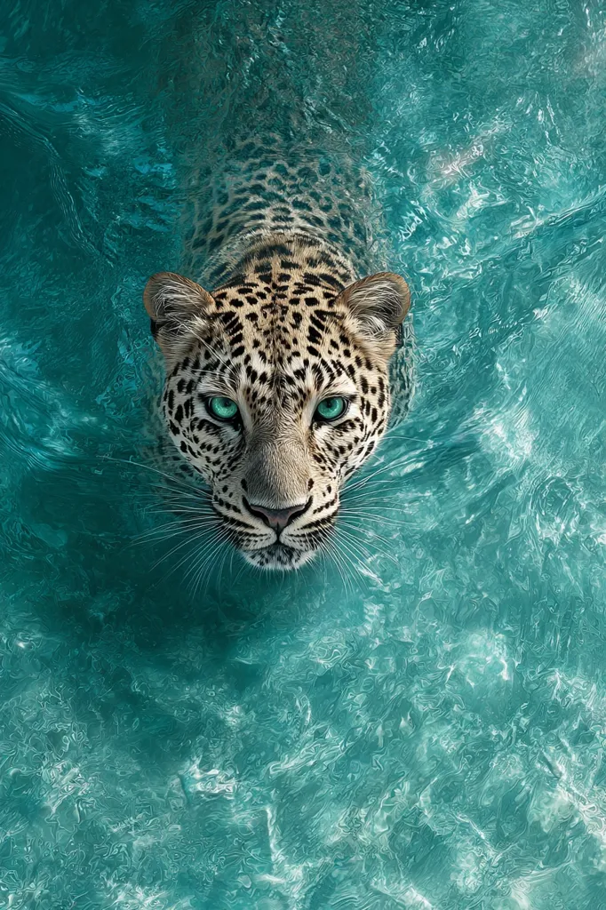 A leopard with striking emerald green eyes emerges from teal water, its spotted coat partially submerged.  The water ripples gently around it, creating a serene yet powerful image. The leopard's gaze is direct and intense, suggesting a sense of both beauty and wildness. The overall composition is visually captivating, highlighting the contrast between the animal and its aquatic surroundings.