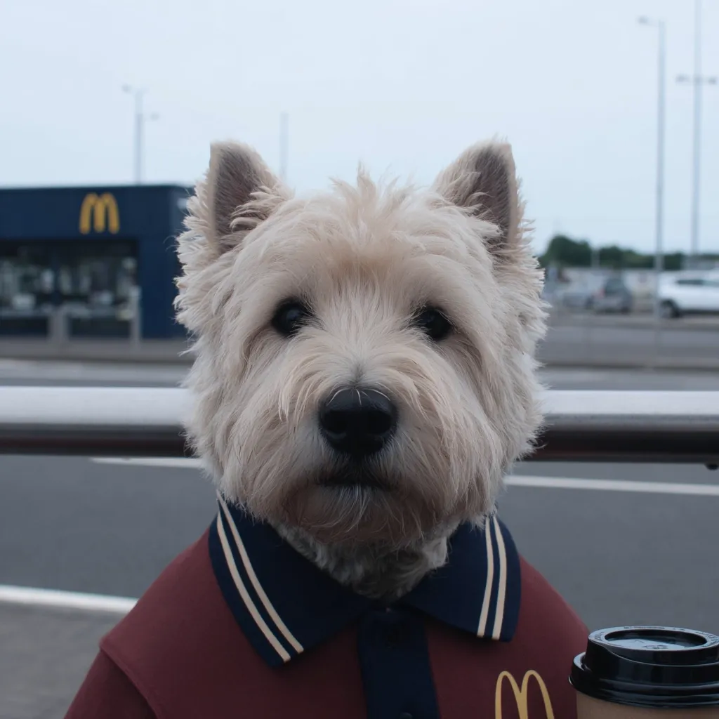 A West Highland White Terrier, dressed in a maroon collared shirt, sits attentively.  A McDonald's logo is subtly visible on the shirt and a disposable coffee cup rests nearby. The background shows a blurred-out McDonald's restaurant and a roadway, suggesting an outdoor setting. The dog's expression is serious and engaging.
