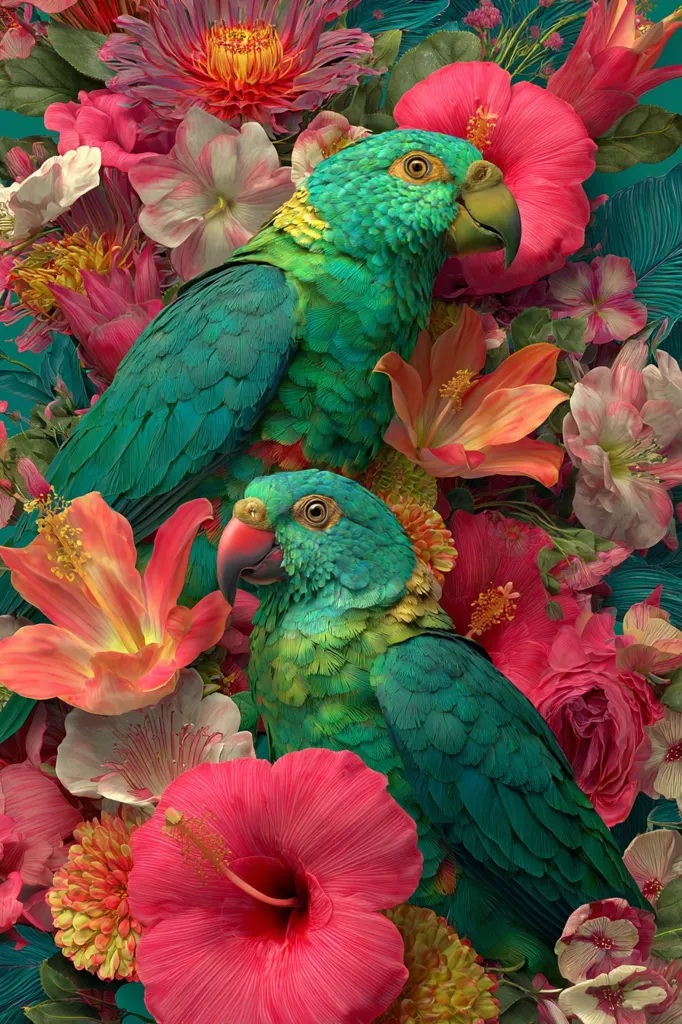 Two vibrant green parrots are nestled amongst a profusion of tropical flowers.  The parrots, detailed with lifelike feathers, are the central focus, surrounded by a riot of color including hibiscus, lilies, and chrysanthemums in shades of pink, red, orange, and white.  The image is a lush, vibrant display of exotic beauty, a harmonious blend of avian life and floral splendor.