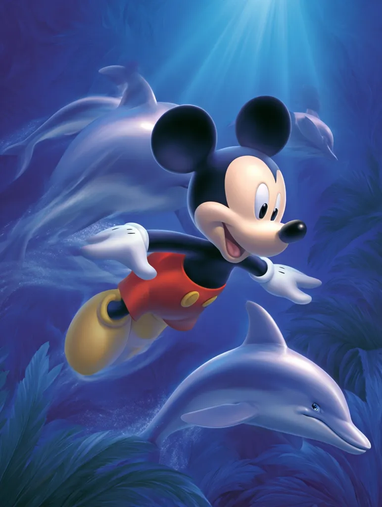Mickey Mouse joyfully swims underwater, surrounded by three playful dolphins.  He's depicted in his iconic red shorts and white gloves, a happy expression on his face.  The scene is set in a vibrant, underwater paradise with lush, dark blue foliage, creating a magical and whimsical atmosphere.  Sunlight filters from above, illuminating the scene.