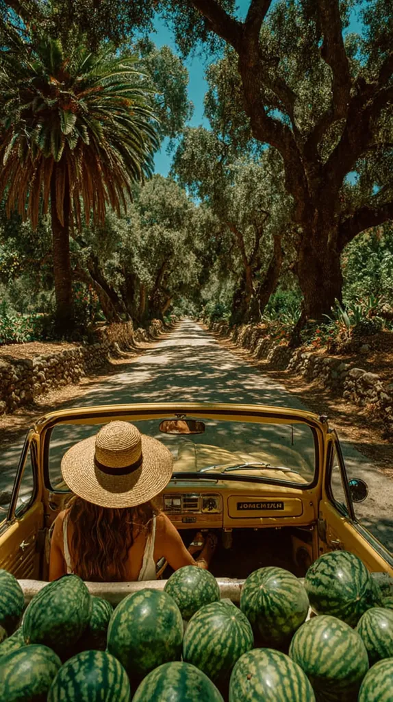 A woman in a straw hat drives a vintage yellow convertible down a tree-lined road.  The car is filled with watermelons in the back.  The scene is idyllic and evokes a feeling of summer freedom and adventure. Lush greenery and a sunny sky create a vibrant, picturesque backdrop.