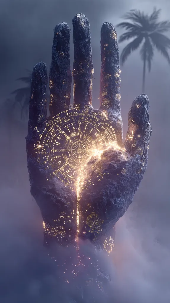A colossal, stone hand emerges from a misty landscape, its surface intricately carved with ancient symbols and glowing runes.  A central circular design radiates light, splitting the hand with a fiery fissure.  A lone palm tree stands in the background, silhouetted against a dusky sky, adding to the mystical and otherworldly atmosphere of the scene.  The image evokes a sense of mystery and forgotten power.