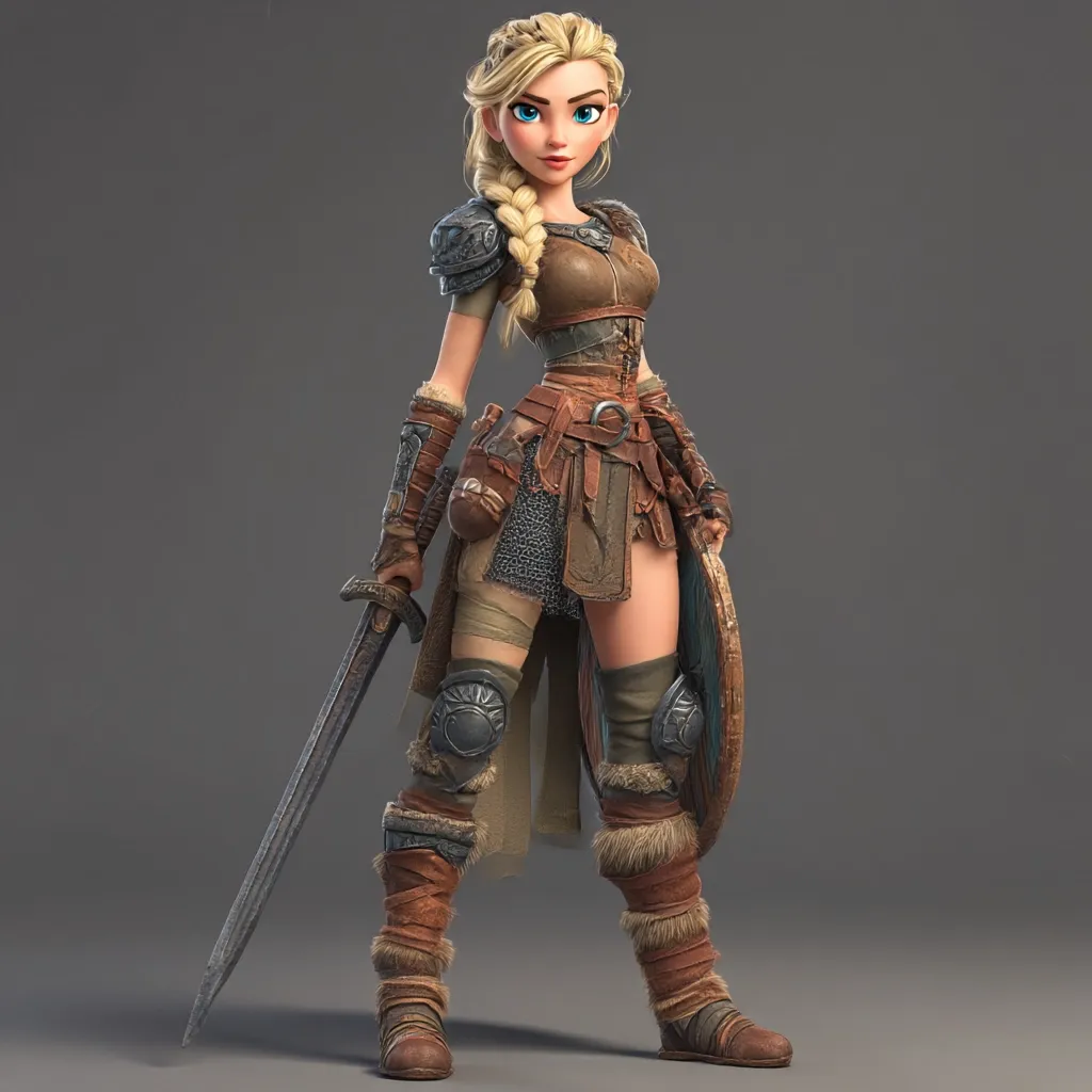 A stylized 3D rendering depicts a female warrior, possibly a Valkyrie.  She possesses blonde hair in a braid, striking blue eyes, and wears a detailed leather and metal armor set.  The warrior stands confidently, holding a sword and shield, her expression assertive yet approachable.  The overall style is reminiscent of fantasy animation or video games.