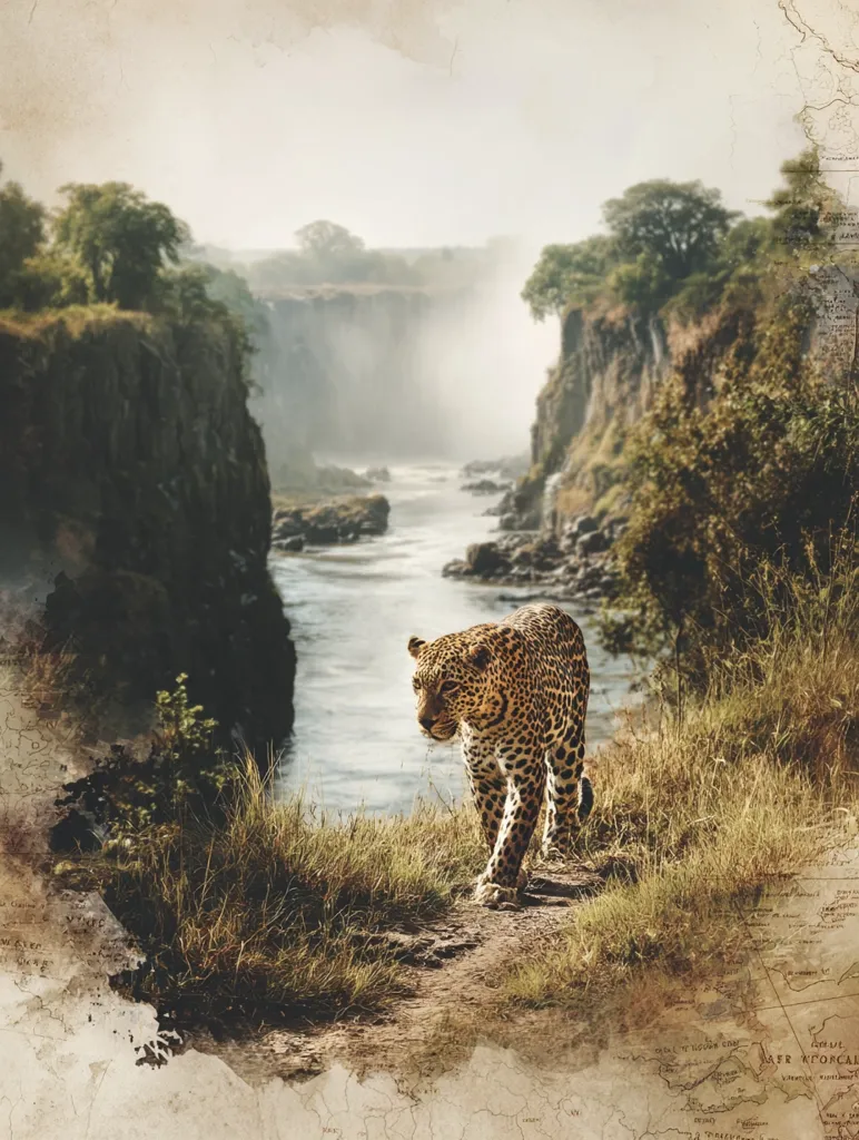 A majestic leopard strides along a dirt path overlooking a misty river flowing through a gorge.  The powerful cat is the focal point, its spotted coat contrasting with the muted greens and browns of the landscape. In the background, a waterfall is partially obscured by fog, adding to the atmosphere of mystery and wild beauty. The image is framed by a vintage-style map border, enhancing its adventurous feel.