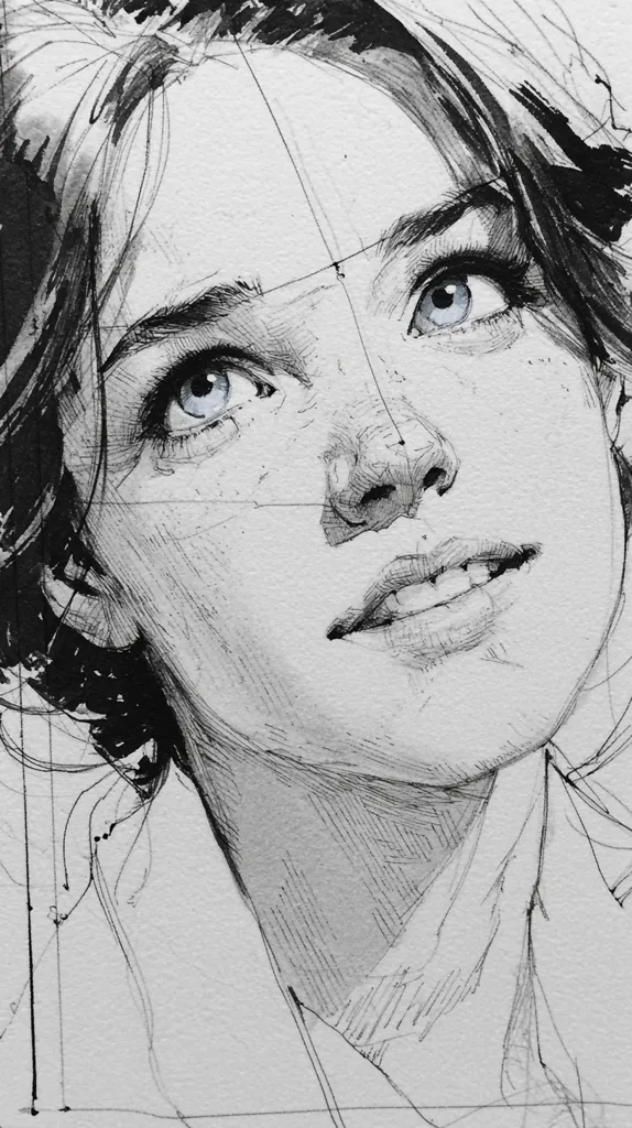 A meticulously detailed pencil sketch of a woman's face, rendered in grayscale.  Her gaze is directed upward, and her expression is serene and contemplative.  The artist's technique showcases fine lines and shading to create texture and depth, particularly noticeable in the hair and skin.  Light construction lines are visible, suggesting the process of the artwork. The overall style is realistic with a hint of impressionism.