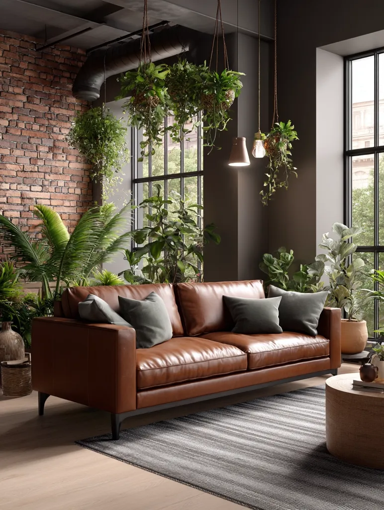 A brown leather sofa sits in a modern living room, accented by gray throw pillows.  The room features exposed brick walls, large windows showcasing abundant greenery, and hanging potted plants.  A neutral-toned rug anchors the seating area, creating a warm and inviting atmosphere.  The overall style is industrial-chic, with dark walls and metallic light fixtures.