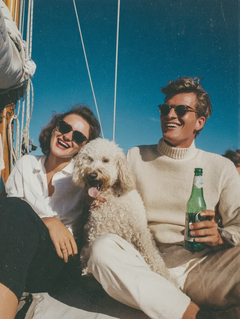 A stylish couple enjoys a sunny day aboard a sailboat.  They are seated, cuddling a fluffy white dog, while the man holds a bottle of beer.  The woman wears a white shirt and dark pants, the man a cream sweater and beige trousers.  Both wear sunglasses. The scene evokes a vintage, carefree atmosphere.