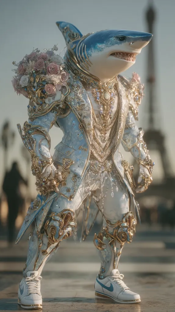 A digital rendering depicts a great white shark in an ornate, light blue and gold suit, resembling a wedding outfit.  The shark carries a bouquet of pastel roses and wears gold armor with intricate details.  The setting appears to be a Parisian cityscape, with the Eiffel Tower visible in the background.  The shark’s feet are clad in white Nike sneakers, creating a striking juxtaposition of elements.