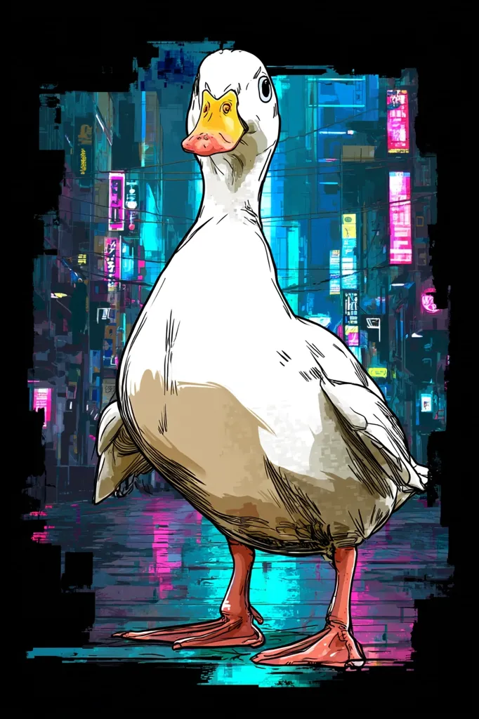 A stylized illustration depicts a white duck standing prominently in the foreground.  The duck is rendered in a comic book style with visible hatching and shading. The background features a vibrant, neon-lit cityscape reminiscent of a cyberpunk setting, with bright pinks, blues, and purples contrasting against the dark background.  The overall style is bold and striking, blending realism with graphic art techniques.