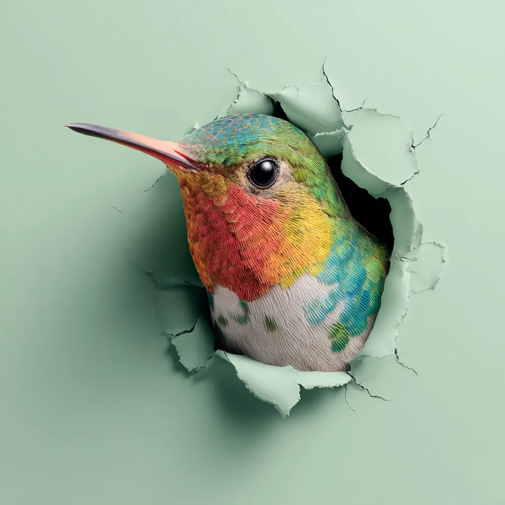 A vibrantly colored hummingbird, seemingly painted with rainbow hues, peers through a jagged hole in a pale green background.  Its iridescent plumage contrasts sharply with the muted backdrop. The bird's eye is visible, adding a sense of curiosity and alertness to the image. The tear in the background suggests a sense of emergence or breaking through.