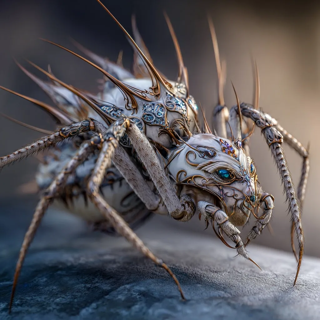 A digital rendering depicts a fantastical spider adorned with intricate, ornate details.  Its body and legs are primarily white, embellished with gold filigree and turquoise gemstones.  Long, delicate spines protrude from its back, adding to its regal and otherworldly appearance. The spider's eyes gleam with an ethereal blue light.  The creature appears poised and powerful, suggesting a blend of delicate artistry and formidable presence.