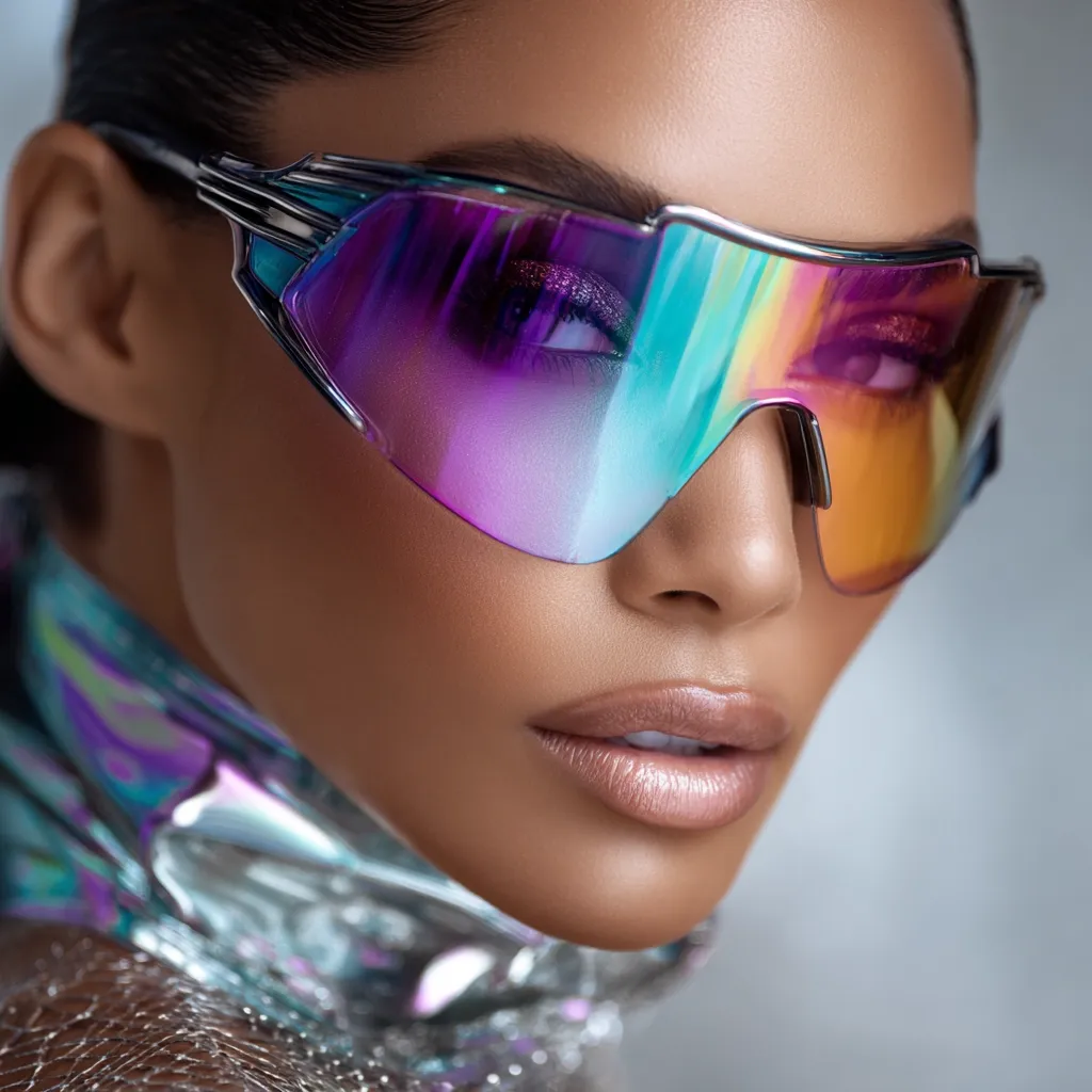 Close-up of a woman's face, partially obscured by futuristic, iridescent sunglasses with a silver frame.  Her makeup is striking, with shimmering eyeshadow complementing the glasses' colors.  She wears a silver, shimmering collar or garment, enhancing the futuristic aesthetic. The overall image is sharp and highly stylized, with a focus on texture and color contrast.