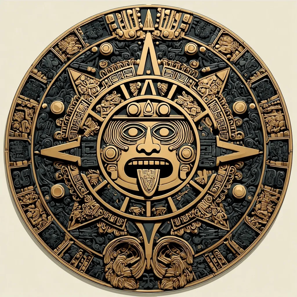 A circular depiction of the Aztec Sun Stone, or Calendar Stone, is shown.  The central image is a detailed sun god face with a protruding tongue, surrounded by intricate carvings and symbols.  The circular design features a complex arrangement of glyphs and figures, characteristic of Aztec art.  The colors are predominantly gold and dark bronze, creating a striking contrast.  The level of detail is remarkably high, showcasing the artistry and symbolism embedded in the original artifact.