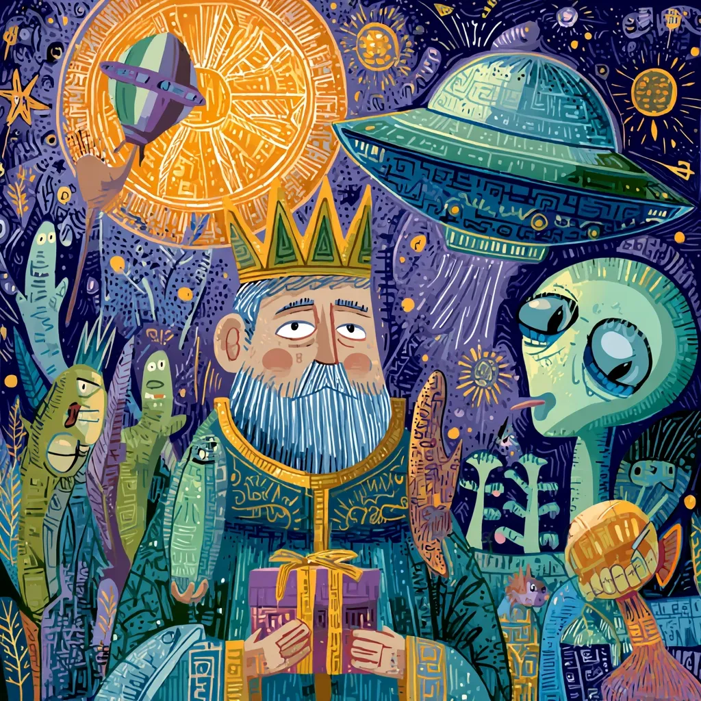 A whimsical illustration depicts a king, adorned in a crown and regal robe, presenting a gift.  He's surrounded by fantastical creatures and a cosmic backdrop, including a UFO and an alien. The style is vibrant and detailed, with a textured, almost folk-art feel. The scene blends regal imagery with science fiction elements in a playful, imaginative composition.