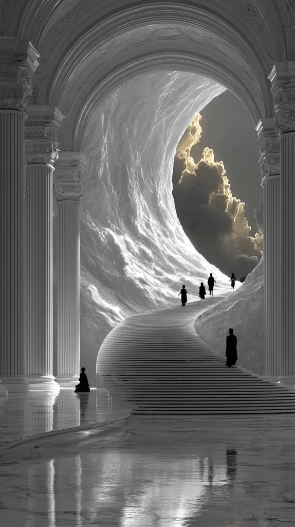 A grayscale image depicts a grand, classical-style hall opening into a surreal landscape.  A winding staircase leads upward towards a luminous sky visible through a cave-like opening.  Several silhouetted figures ascend the stairs, while two solitary figures sit below, creating a scene of ethereal ascent and contemplation. The architecture is imposing, contrasting with the soft, cloudy sky.