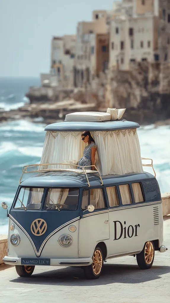 A woman in a blue dress sits inside a vintage Volkswagen bus, adorned with sheer curtains and the Dior logo. The bus is parked on a coastal road overlooking a picturesque town with whitewashed buildings.  The ocean waves crash against the rocks below. The scene is stylish and evokes a sense of travel and luxury.
