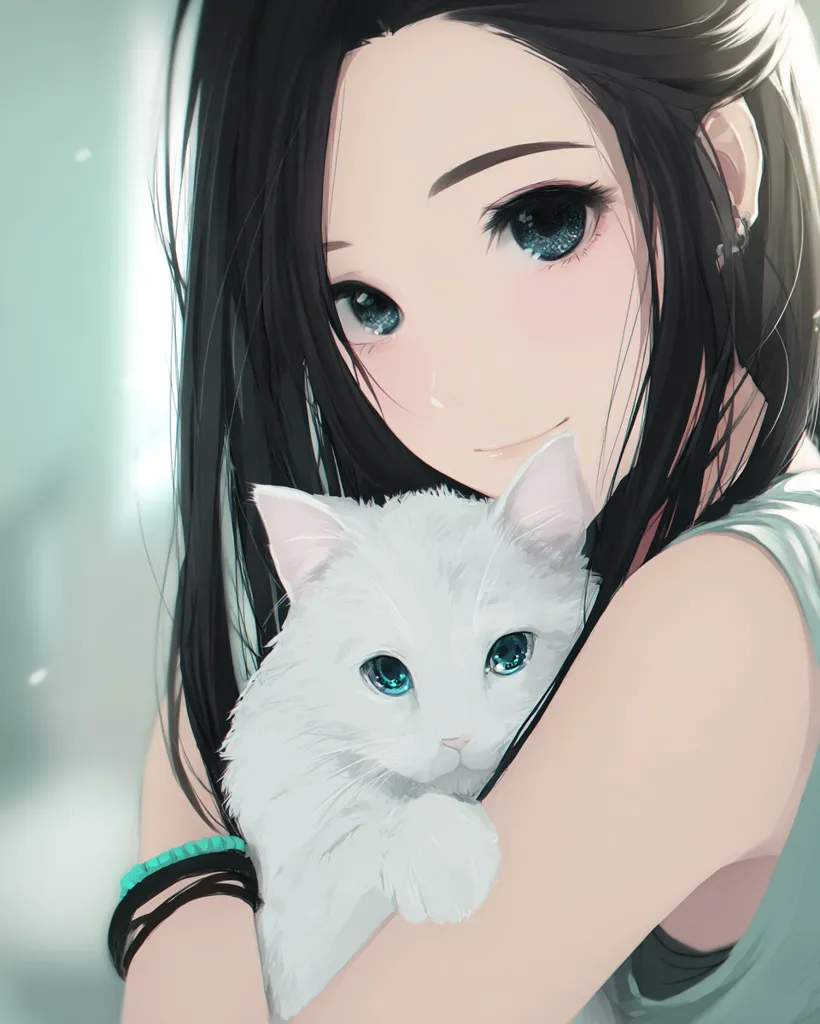 An anime-style girl with long black hair gently cradles a small, fluffy white kitten.  The girl has large, expressive eyes and a soft smile.  The kitten's bright blue eyes match the girl's subtle teal bracelet.  The overall style is soft and delicate, emphasizing a calm and tender moment between the girl and her pet.