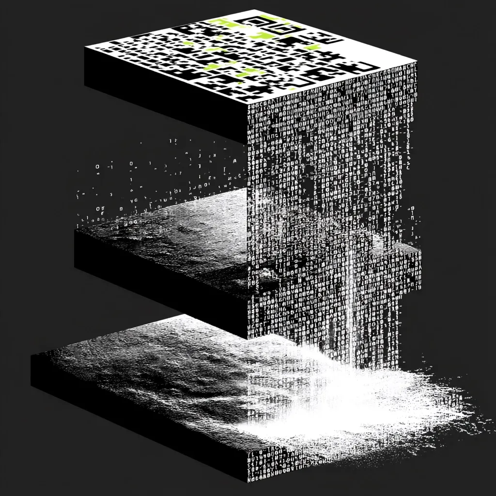 A three-dimensional abstract artwork depicting a stylized "S" shape. The structure is composed of black cubic blocks overlaid with white data streams, resembling cascading code.  A QR code sits atop the structure. The effect is a dynamic representation of data flow, possibly symbolizing digital information or a technological process. The monochromatic palette adds to the artwork's stark and futuristic aesthetic.