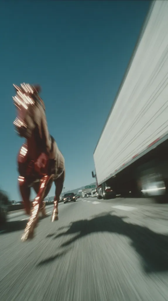 A metallic, reddish-gold horse gallops down a highway, its motion blurred.  Cars and a large semi-truck are visible in the background, adding to the fast-paced, dynamic feel. The sky is a clear, vibrant blue. The image conveys a sense of speed and surrealism.