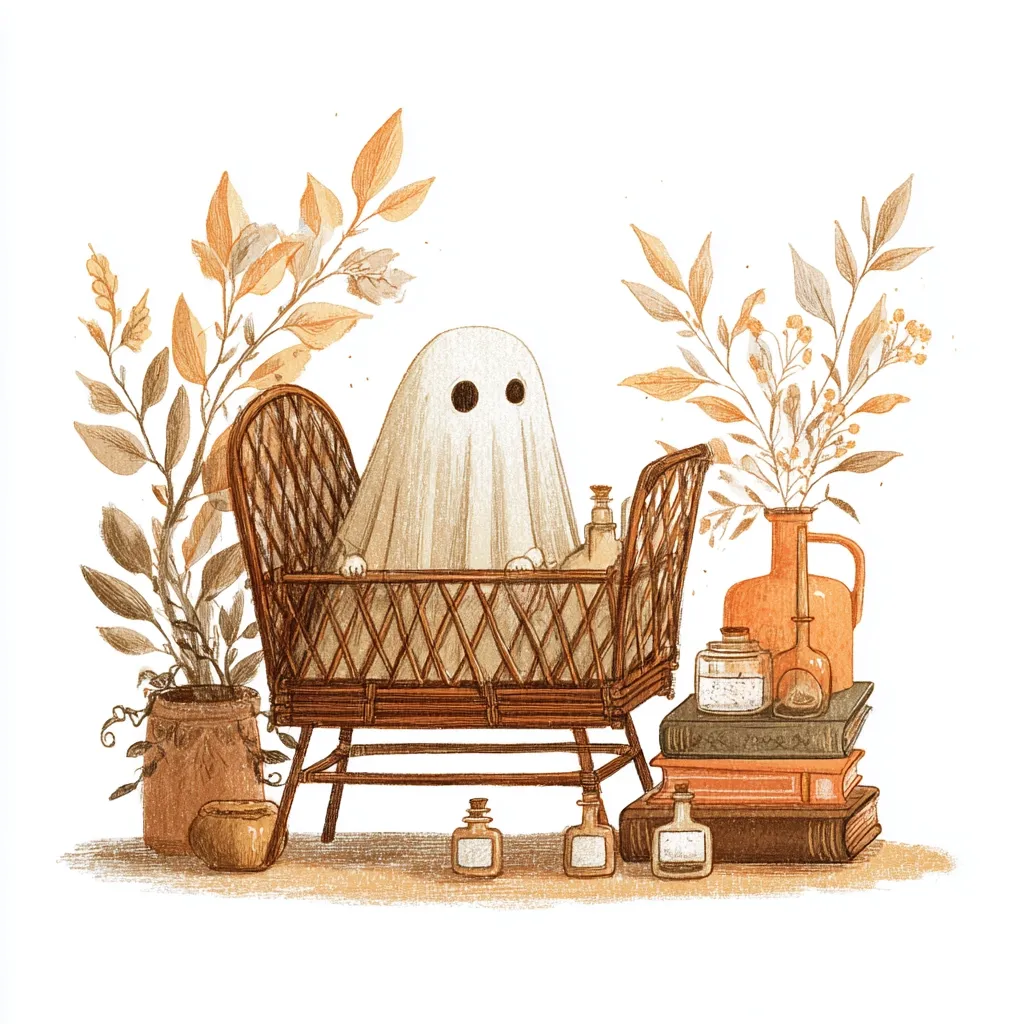 A cute ghost sits in a wicker cradle, surrounded by autumnal foliage and apothecary items.  Small bottles and jars are arranged on a stack of books beside a terracotta vase. The overall style is whimsical and autumnal, with soft, muted tones. The scene evokes a feeling of gentle mystery and autumnal charm.