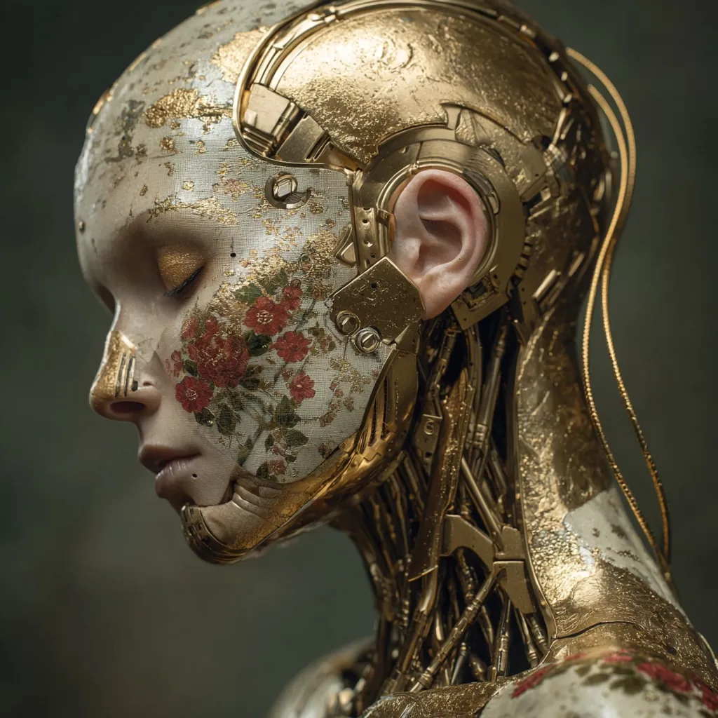 A close-up profile view of a gynoid, a female-appearing robot.  Her head is a blend of gold metallic components and a pale face adorned with a floral pattern. The intricate goldwork reveals internal mechanisms, creating a striking contrast between organic and artificial elements. Her eyes are closed, suggesting a serene or contemplative state. The overall aesthetic is one of elegant, futuristic beauty.
