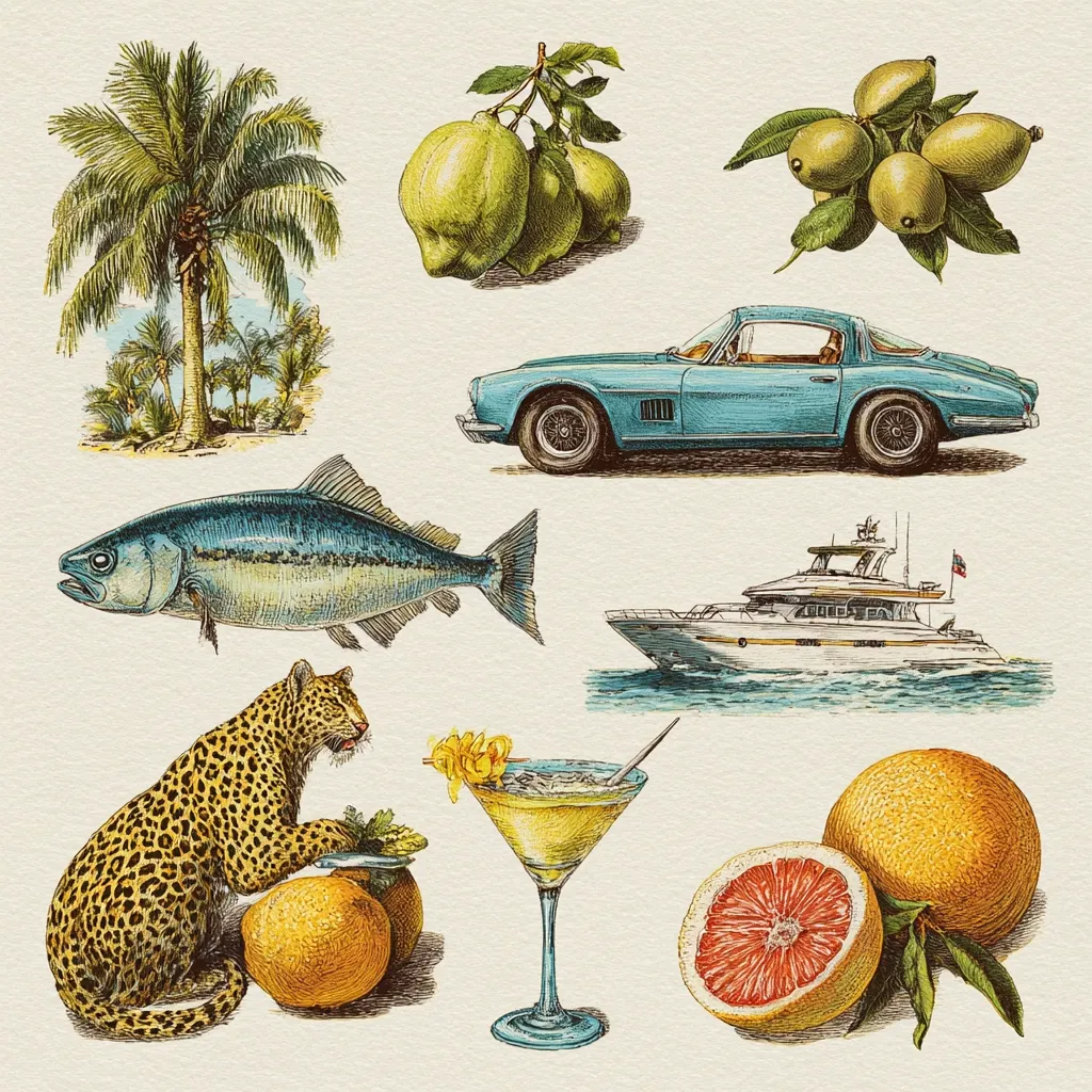 A vibrant collection of illustrations showcases a tropical paradise. A palm tree graces the scene, alongside a classic blue sports car and a luxurious yacht.  A large fish, a leopard, and various citrus fruits, including lemons, limes, oranges, and grapefruit, add to the exotic ambiance. A cocktail completes the image, suggesting a luxurious and refreshing escape.  The detailed, hand-drawn style enhances the overall luxurious feel.