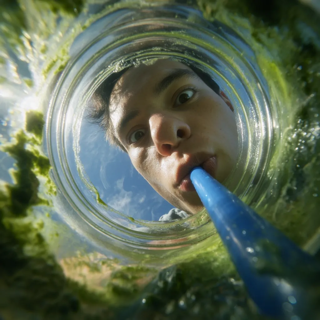 A young man's face is seen from a unique perspective, looking up from inside a large glass filled with a vibrant green smoothie.  His expression is one of enjoyment as he sips the drink through a blue straw.  The view is distorted, giving the impression of being submerged within the smoothie. The bright, sunny sky is visible in the background through the glass.