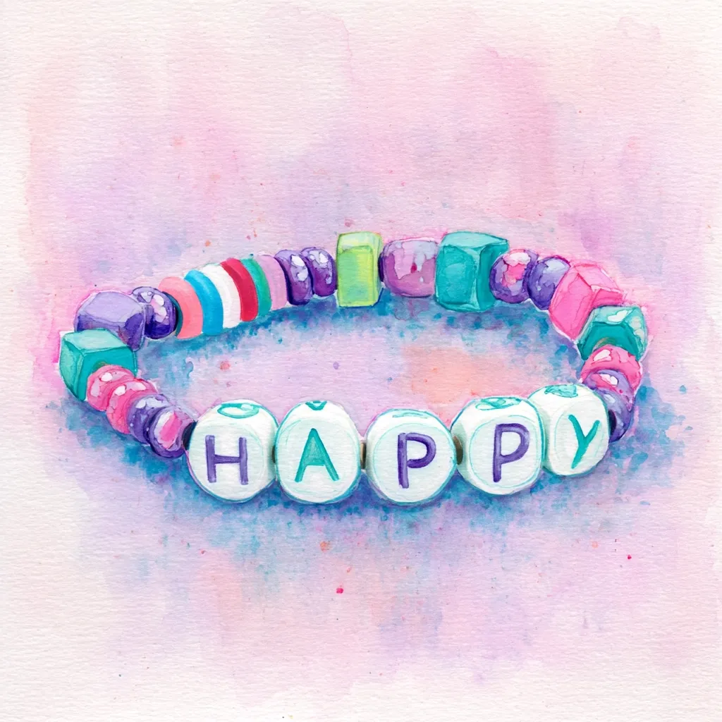 A watercolor painting depicts a colorful beaded bracelet.  The bracelet features various shapes and pastel colors, with larger white beads spelling out the word "HAPPY." The bracelet rests on a soft, pastel purple and pink background, creating a cheerful and whimsical scene. The style is reminiscent of children's crafts or handmade jewelry.