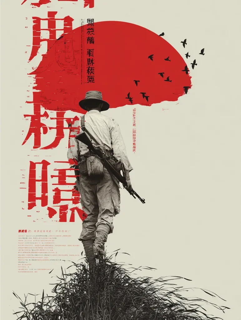 A minimalist poster depicts a lone soldier, back to the viewer, walking into tall grass.  He carries a rifle, silhouetted against a large red sun and a flock of birds.  The stark, graphic design emphasizes a sense of isolation and possibly war.  Chinese characters dominate the poster, likely the film title and credits. The overall mood is somber and evocative of a historical setting.