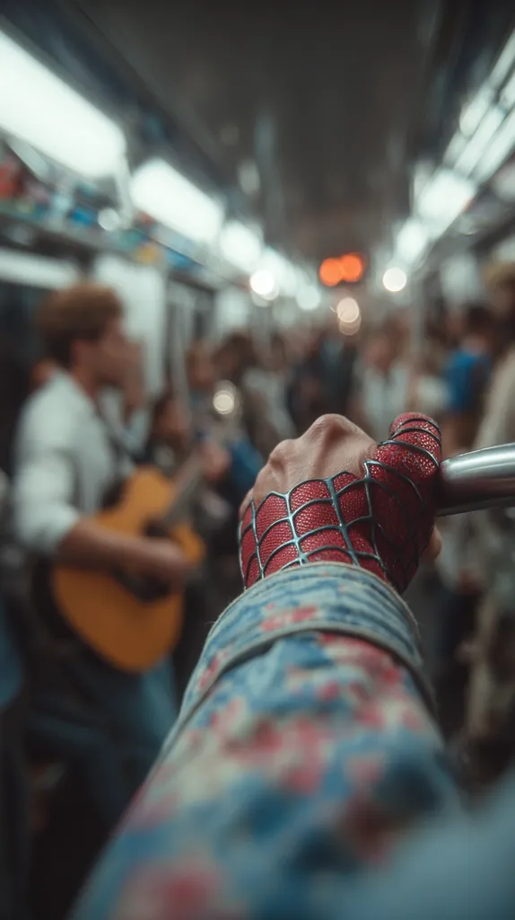 A blurry photo taken from a first-person perspective on a crowded subway car. The focus is on a person's hand wearing a Spider-Man glove, gripping a handrail. In the background, a man plays an acoustic guitar, his face and instrument slightly out of focus, adding to the bustling atmosphere of public transit. The overall mood is one of casual everyday life.