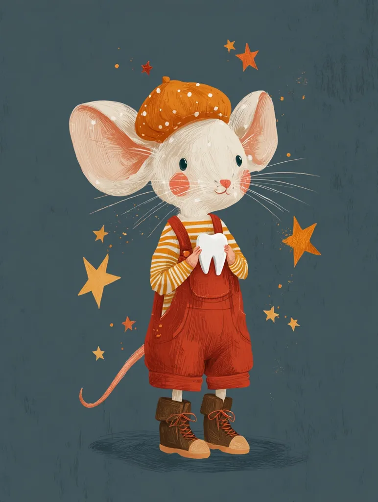 A charming illustration of an anthropomorphic mouse, sporting an orange beret and red overalls, stands against a deep teal backdrop.  The mouse holds a large tooth, and is surrounded by scattered golden stars. Its expression is sweet and gentle, emphasizing the whimsical and endearing nature of the artwork. The style is reminiscent of children's book illustrations, with soft textures and warm colors.