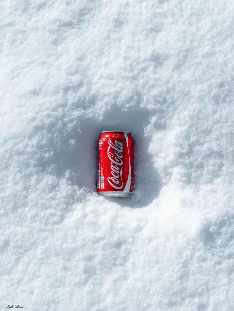 A Coca-Cola can sits nestled in a small indentation in a pristine expanse of snow.  The bright red can contrasts sharply with the white, untouched snow.  The scene is simple yet visually striking, suggesting a feeling of coldness and isolation. The can appears slightly chilled.