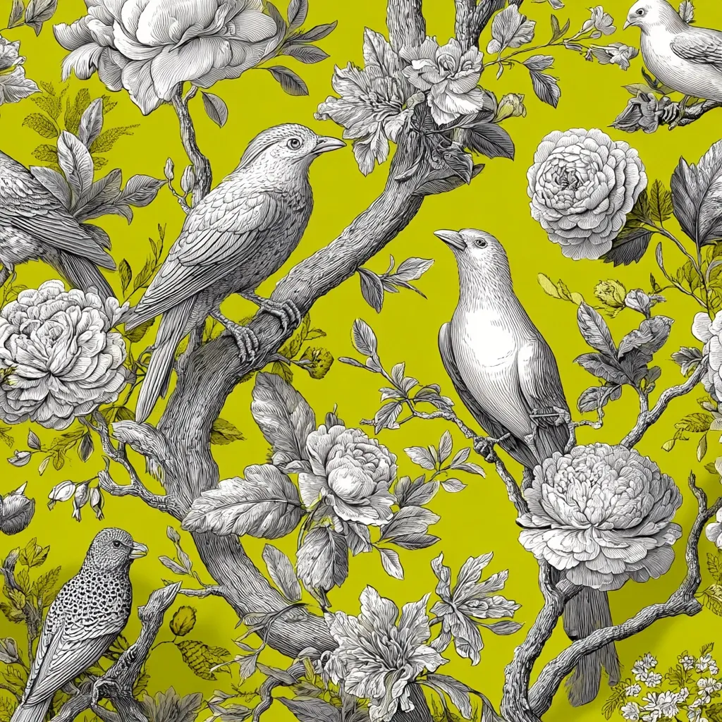 A vibrant lime green background is adorned with a meticulously detailed, black and white floral and avian pattern.  Intricate line drawings of birds, perched on stylized branches, are nestled amongst lush, blooming flowers.  The design evokes a vintage, almost antique, aesthetic, reminiscent of botanical illustrations or wallpaper from a bygone era.  The contrast between the bold background and the delicate linework creates a striking visual effect.