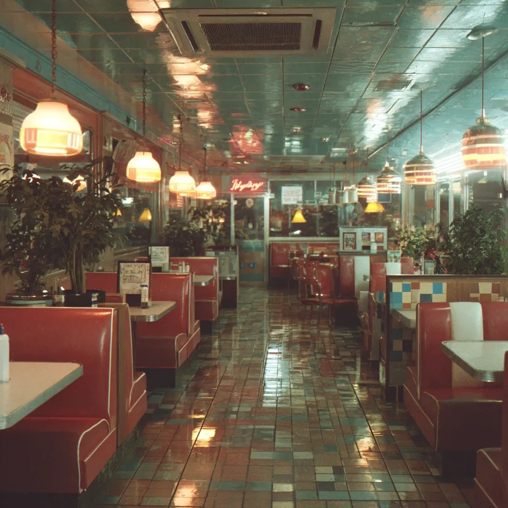 A retro diner interior glows under the warm light of hanging pendant lamps. Red vinyl booths line the walls, separated by white-topped tables.  The floor is a mosaic of glossy, multicolored tiles reflecting the soft light.  Potted plants add touches of green, creating a nostalgic and inviting atmosphere. The diner's entrance is visible in the background, adding depth to the scene.