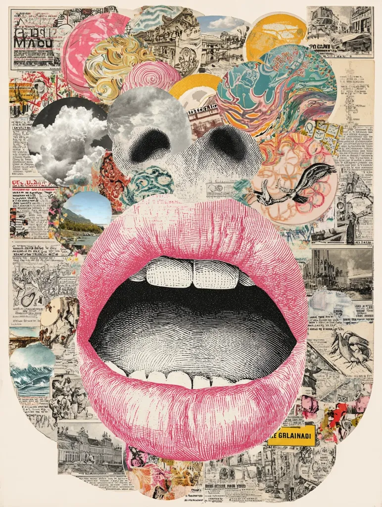 A large, pink, open mouth dominates a vibrant collage.  Surrounding the mouth are circular images: clouds, swirling patterns, and snippets of vintage maps, newspaper clippings, and illustrations.  The collage's style is eclectic, blending high contrast images with soft pastel tones, creating a visually busy but engaging composition.  The overall impression is one of playful chaos and unexpected juxtaposition.