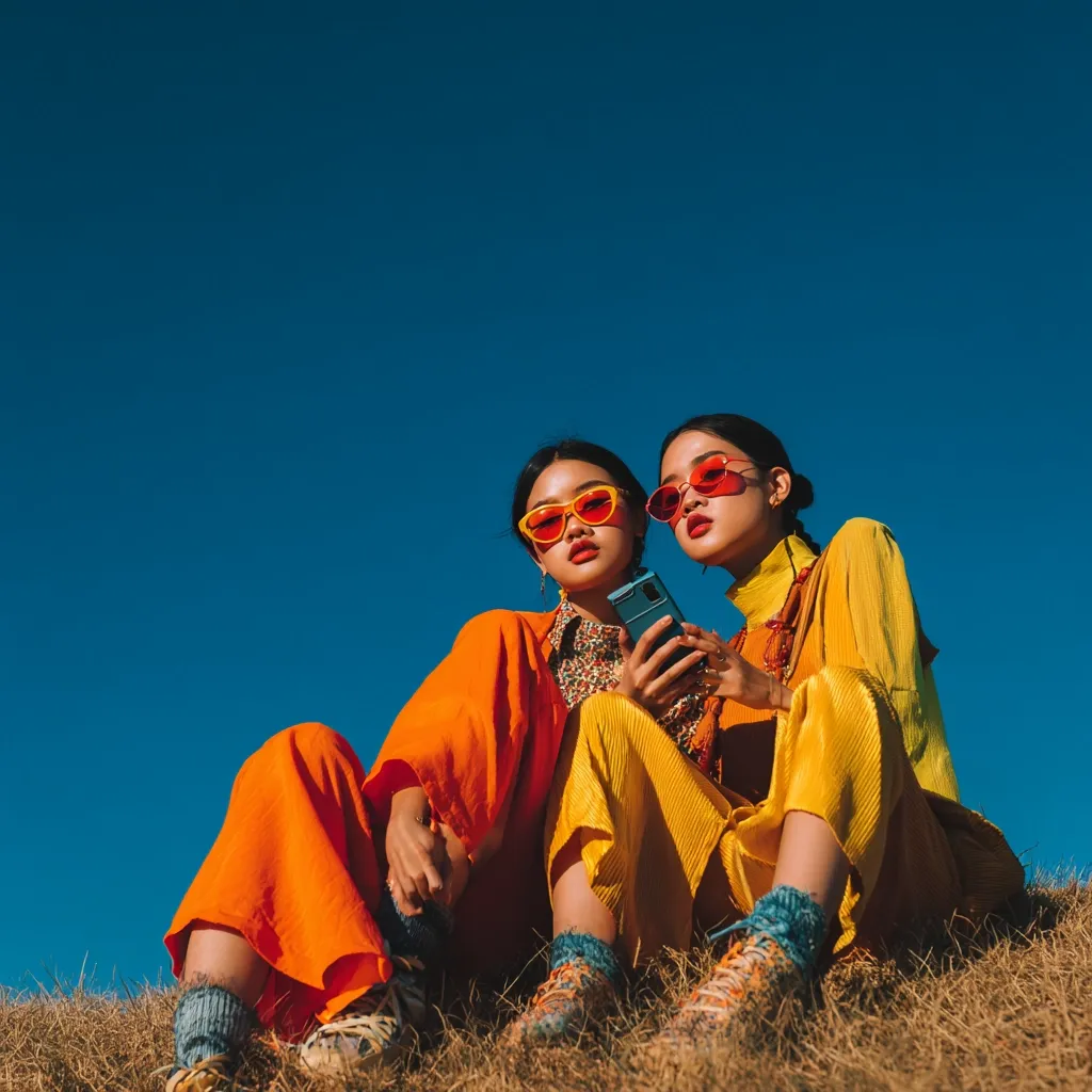 Two young women, dressed in vibrant orange and yellow outfits, sit against a clear blue sky.  They wear matching heart-shaped sunglasses and look at a smartphone held by the woman in yellow.  The scene is bright and cheerful, showcasing a bold fashion statement and a sense of youthful energy.  The dry grass suggests an outdoor setting.