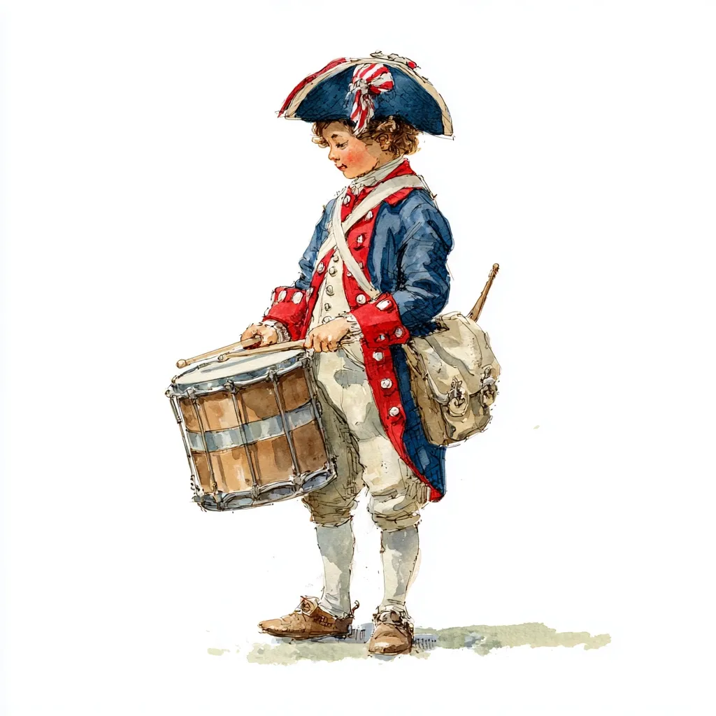 A watercolor painting depicts a young boy, possibly a child soldier from the American Revolutionary War era. He's dressed in a vibrant blue and red uniform, complete with a tricorn hat adorned with red and white ribbons.  He holds a drum, ready to play, and carries a knapsack over his shoulder.  The style is reminiscent of historical illustrations, emphasizing detail in the uniform and the boy's posture.