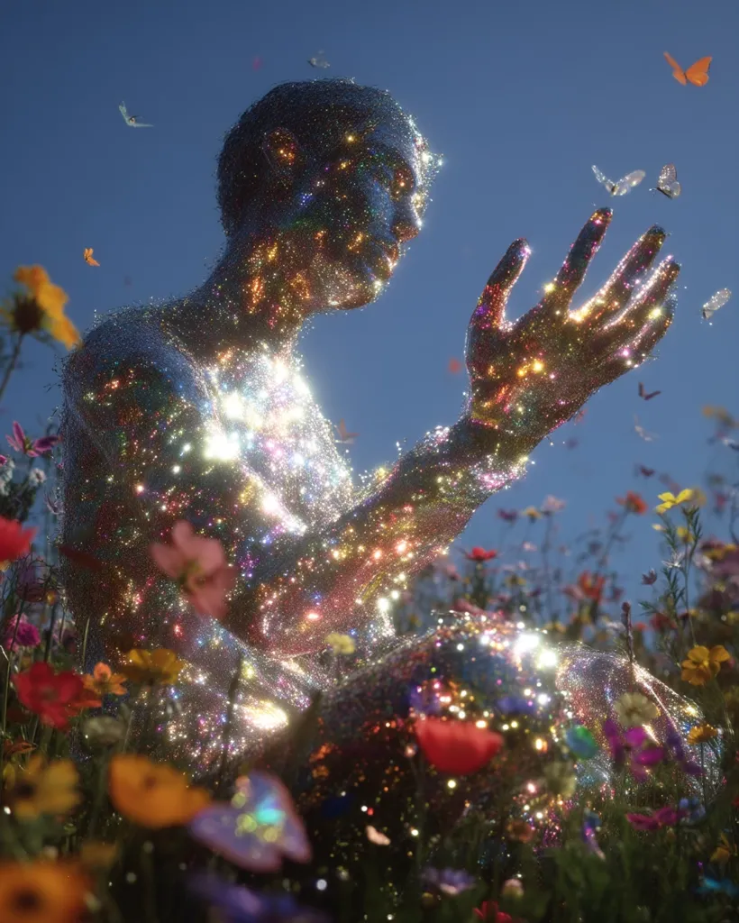 A shimmering, glitter-covered figure, seemingly human, sits amidst a vibrant field of wildflowers under a clear blue sky.  Butterflies flutter around the figure, adding to the ethereal and magical quality of the scene. The figure's pose is serene, hands raised as if in prayer or contemplation.  The overall effect is one of dreamlike beauty and peaceful connection with nature.