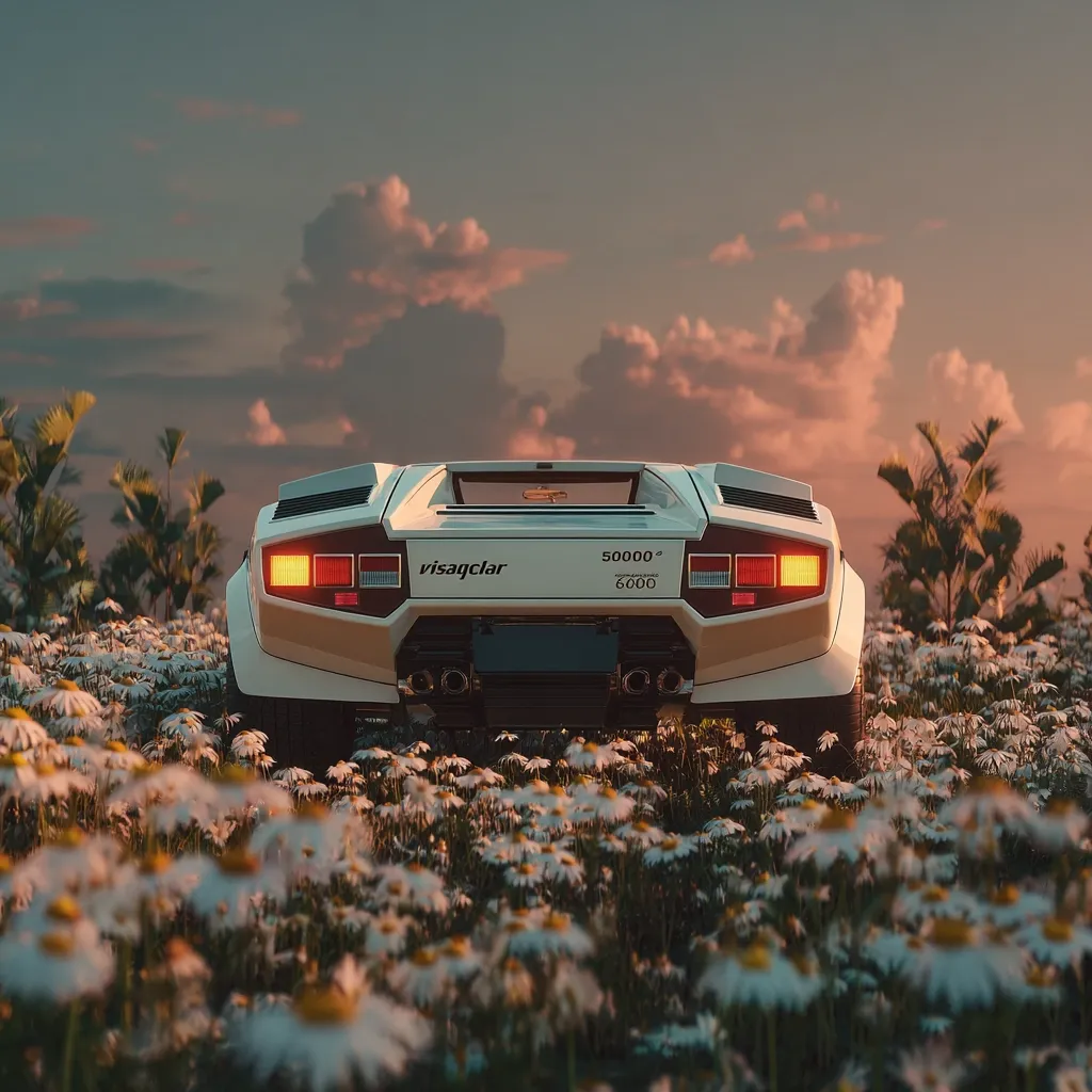 A classic white Lamborghini Countach is parked in a field of daisies.  The sun sets behind it, casting a warm, pastel glow across the scene. The car's rear is visible, showcasing its iconic design.  Palm trees are subtly visible in the background, adding to the idyllic and nostalgic atmosphere.  The overall aesthetic is vintage and serene.