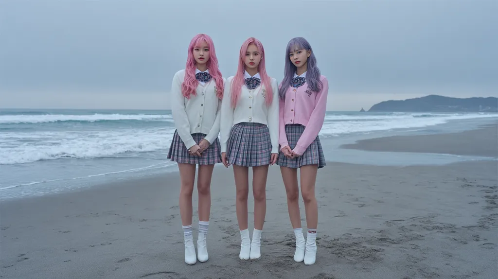 Three young women with pastel-colored hair stand on a sandy beach. They wear matching pleated skirts and cardigans in white and pink.  The ocean stretches behind them, a calm grey-blue under a cloudy sky. The girls are positioned close together, their poses suggesting a unified image.  They wear white ankle boots, completing their coordinated schoolgirl-inspired outfits.