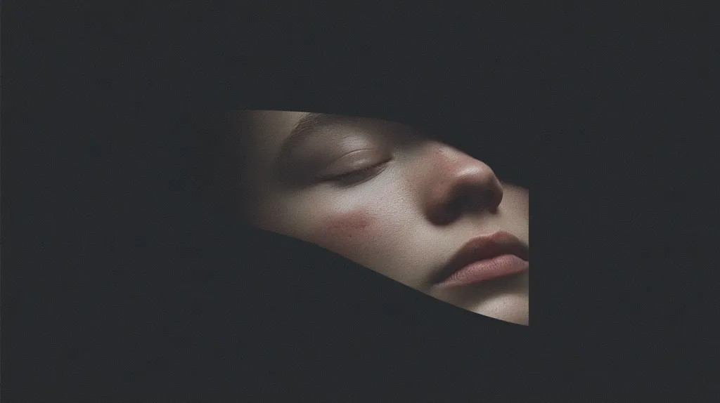 A close-up shot reveals a portion of a person's face, partially obscured by a dark fabric.  Only one eye, nose, and mouth are visible, suggesting sleep or repose. The skin tone is pale, with subtle rosiness on the cheeks. The overall mood is one of mystery and quietude, accentuated by the dark, shadowy background. The image emphasizes soft light on the exposed skin.